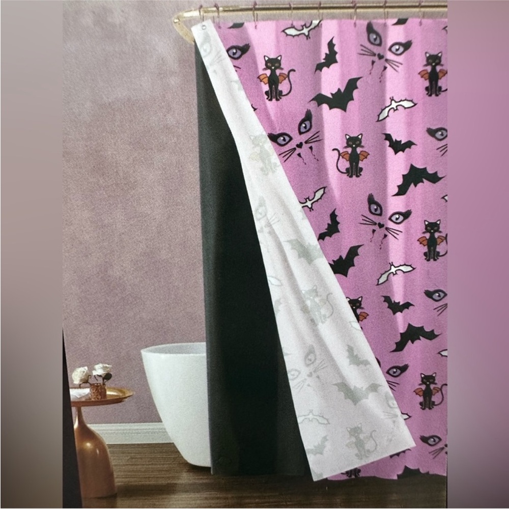 Betsy Johnson 3 Piece Pink Cat and Bat Shower Curtain, Liner, & Shower Hooks